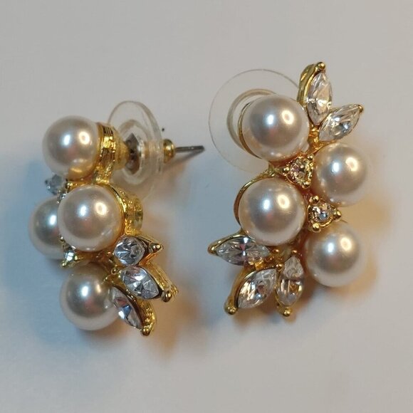 5/$100 Tanya Lind Stud Earrings Faux Pearl Rhinestones 1" Bridal wedding - Picture 3 of 6